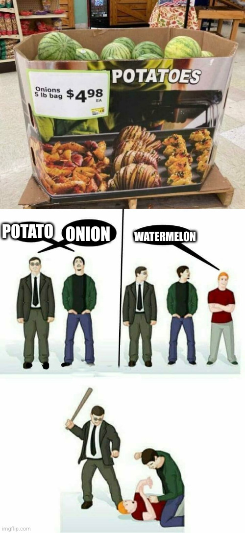 The Instant Fail | POTATO; ONION; WATERMELON | image tagged in funny,instant fail,you had one job | made w/ Imgflip meme maker