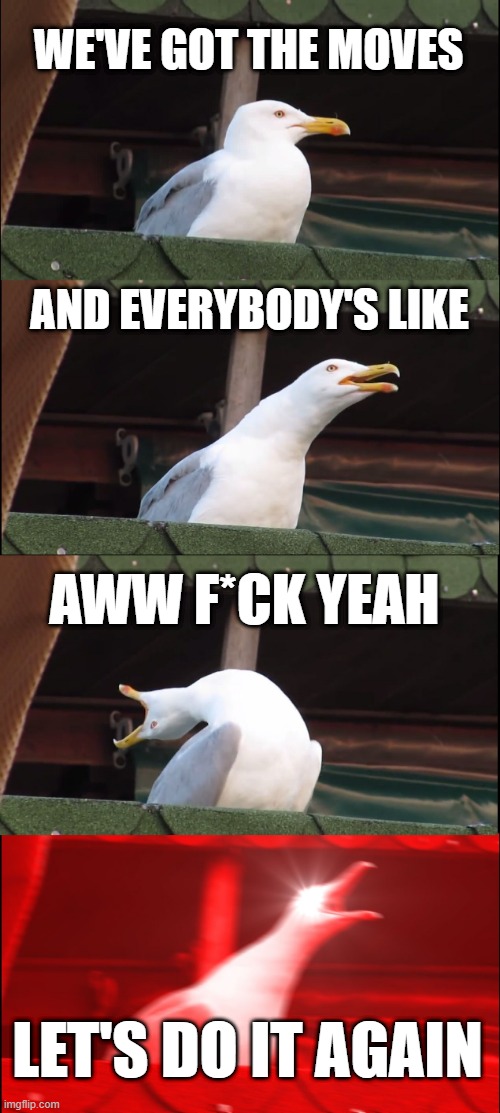 We got the moves | WE'VE GOT THE MOVES; AND EVERYBODY'S LIKE; AWW F*CK YEAH; LET'S DO IT AGAIN | image tagged in memes,inhaling seagull | made w/ Imgflip meme maker