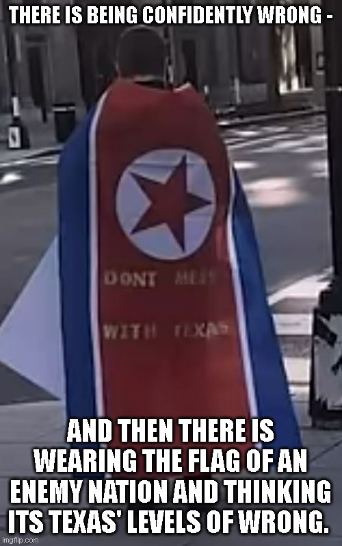 Texan Confidently Stupid Flag | THERE IS BEING CONFIDENTLY WRONG -; AND THEN THERE IS WEARING THE FLAG OF AN ENEMY NATION AND THINKING ITS TEXAS' LEVELS OF WRONG. | image tagged in confidently stupid,north korea,texas,idiot,stupid,just stupid | made w/ Imgflip meme maker