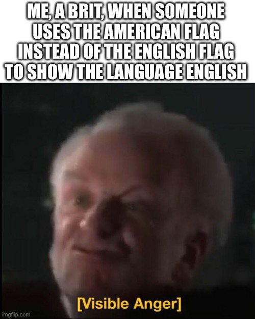 we invented the language… | ME, A BRIT, WHEN SOMEONE USES THE AMERICAN FLAG INSTEAD OF THE ENGLISH FLAG TO SHOW THE LANGUAGE ENGLISH | image tagged in visible anger,memes,uk vs usa,flags | made w/ Imgflip meme maker