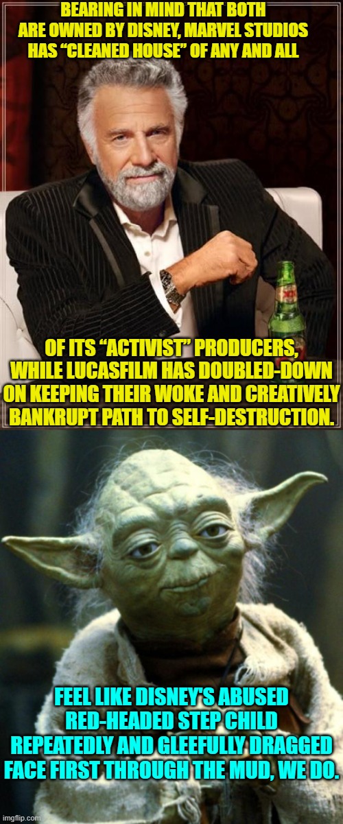 Really Disney . . .is this some sort of experiment? | BEARING IN MIND THAT BOTH ARE OWNED BY DISNEY, MARVEL STUDIOS HAS “CLEANED HOUSE” OF ANY AND ALL; OF ITS “ACTIVIST” PRODUCERS, WHILE LUCASFILM HAS DOUBLED-DOWN ON KEEPING THEIR WOKE AND CREATIVELY BANKRUPT PATH TO SELF-DESTRUCTION. FEEL LIKE DISNEY'S ABUSED RED-HEADED STEP CHILD REPEATEDLY AND GLEEFULLY DRAGGED FACE FIRST THROUGH THE MUD, WE DO. | image tagged in the most interesting man in the world | made w/ Imgflip meme maker