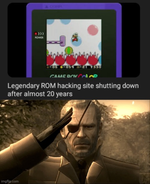 Romhacking.net | image tagged in old big boss salute,memes,gaming,rom,site,shut down | made w/ Imgflip meme maker