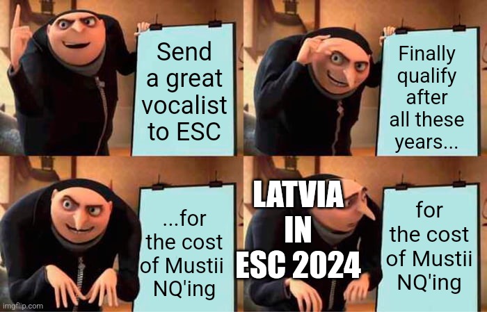 Latvia in Eurovision 2024 be like | Send a great vocalist to ESC; Finally qualify after all these years... LATVIA IN ESC 2024; for the cost of Mustii NQ'ing; ...for the cost of Mustii 
NQ'ing | image tagged in memes,gru's plan,eurovision | made w/ Imgflip meme maker