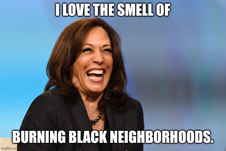 Kamala Harris laughing | I LOVE THE SMELL OF BURNING BLACK NEIGHBORHOODS. | image tagged in kamala harris laughing | made w/ Imgflip meme maker