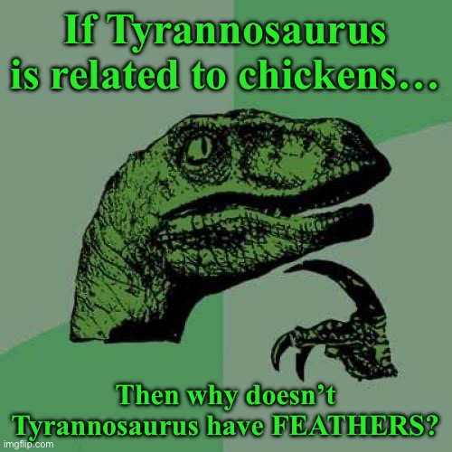 Its called “Philosophy” | If Tyrannosaurus is related to chickens…; Then why doesn’t Tyrannosaurus have FEATHERS? | image tagged in memes,philosoraptor,dinosaur | made w/ Imgflip meme maker