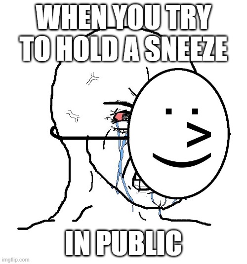 Pretending To Be Happy, Hiding Crying Behind A Mask | WHEN YOU TRY TO HOLD A SNEEZE; IN PUBLIC | image tagged in pretending to be happy hiding crying behind a mask | made w/ Imgflip meme maker