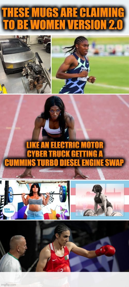 Funny | THESE MUGS ARE CLAIMING TO BE WOMEN VERSION 2.0; LIKE AN ELECTRIC MOTOR CYBER TRUCK GETTING A CUMMINS TURBO DIESEL ENGINE SWAP | image tagged in funny,transgender,olympics,tesla truck,political meme,political correctness | made w/ Imgflip meme maker