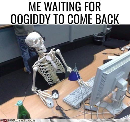 Waiting skeleton | ME WAITING FOR OOGIDDY TO COME BACK | image tagged in waiting skeleton | made w/ Imgflip meme maker