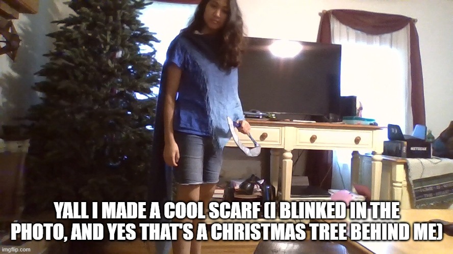 idk | YALL I MADE A COOL SCARF (I BLINKED IN THE PHOTO, AND YES THAT'S A CHRISTMAS TREE BEHIND ME) | made w/ Imgflip meme maker