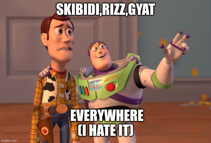 X, X Everywhere | SKIBIDI,RIZZ,GYAT; EVERYWHERE (I HATE IT) | image tagged in memes,x x everywhere | made w/ Imgflip meme maker