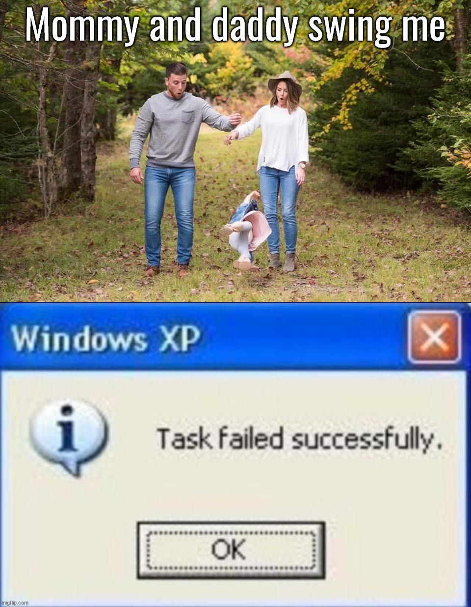 Falling down | Mommy and daddy swing me | image tagged in task failed successfully | made w/ Imgflip meme maker