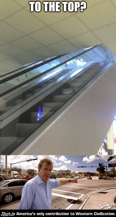 Escalator to nowhere | TO THE TOP? | image tagged in that is americas only contribution to western civilization,escalator | made w/ Imgflip meme maker