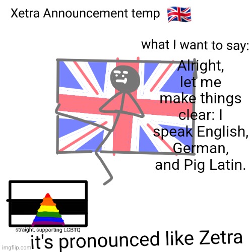 Xetra announcement temp | Alright, let me make things clear: I speak English, German, and Pig Latin. | image tagged in xetra announcement temp | made w/ Imgflip meme maker