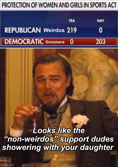 Progressives: fighting for dudes in girls locker rooms | Groomers; Weirdos; Looks like the “non-weirdos” support dudes showering with your daughter | image tagged in memes,laughing leo,politics lol,derp,weirdo,progressives | made w/ Imgflip meme maker