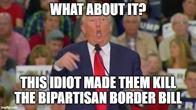 Trump Makes Fun of Handicapped People | WHAT ABOUT IT? THIS IDIOT MADE THEM KILL THE BIPARTISAN BORDER BILL | image tagged in trump makes fun of handicapped people | made w/ Imgflip meme maker