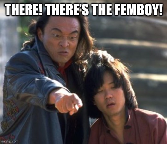 Shang Tsung Points | THERE! THERE’S THE FEMBOY! | image tagged in shang tsung points | made w/ Imgflip meme maker