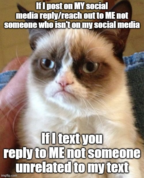 Grumpy Cat | If I post on MY social media reply/reach out to ME not someone who isn't on my social media; If I text you reply to ME not someone unrelated to my text | image tagged in memes,grumpy cat | made w/ Imgflip meme maker