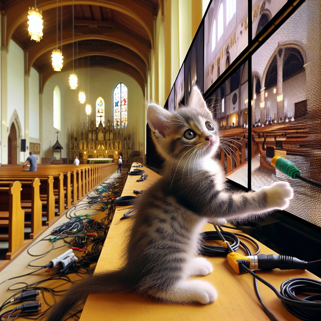 Cute Kitten installing a video wall for church Blank Meme Template