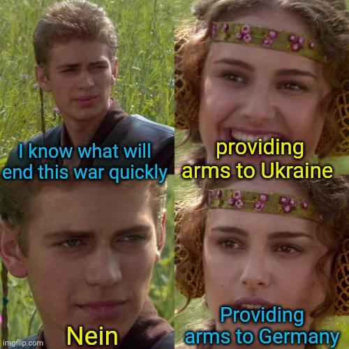 Trust me I dominated at RISK | providing arms to Ukraine; I know what will end this war quickly; Providing arms to Germany; Nein | image tagged in anikin padme,ukraine,risk | made w/ Imgflip meme maker