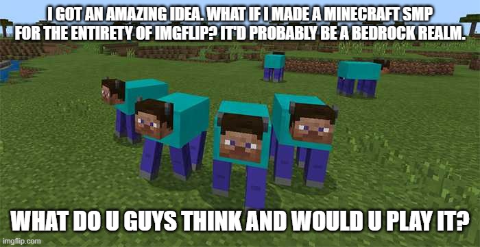 itd be relly fun | I GOT AN AMAZING IDEA. WHAT IF I MADE A MINECRAFT SMP FOR THE ENTIRETY OF IMGFLIP? IT'D PROBABLY BE A BEDROCK REALM. WHAT DO U GUYS THINK AND WOULD U PLAY IT? | image tagged in me and the boys | made w/ Imgflip meme maker