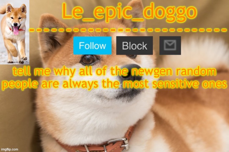 epic doggo's temp back in old fashion | tell me why all of the newgen random people are always the most sensitive ones | image tagged in epic doggo's temp back in old fashion | made w/ Imgflip meme maker
