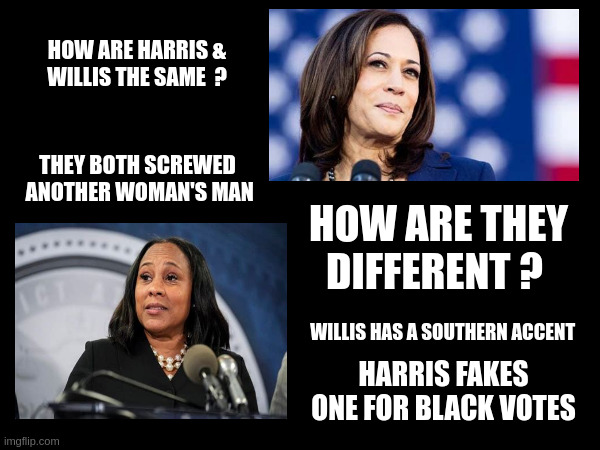 Mattress Mistresses Respect Women's Rights | HOW ARE HARRIS & WILLIS THE SAME  ? THEY BOTH SCREWED  ANOTHER WOMAN'S MAN; HOW ARE THEY DIFFERENT ? WILLIS HAS A SOUTHERN ACCENT; HARRIS FAKES ONE FOR BLACK VOTES | made w/ Imgflip meme maker