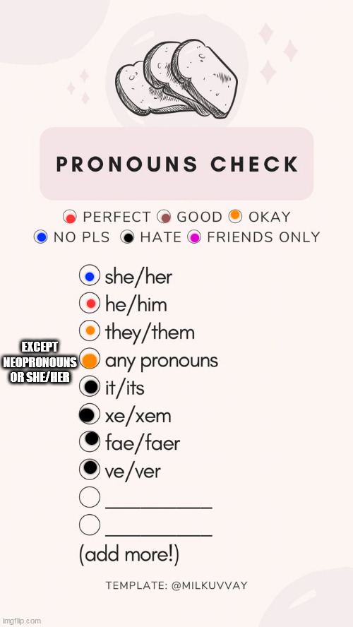 pronoun check | EXCEPT NEOPRONOUNS OR SHE/HER | image tagged in pronoun check | made w/ Imgflip meme maker