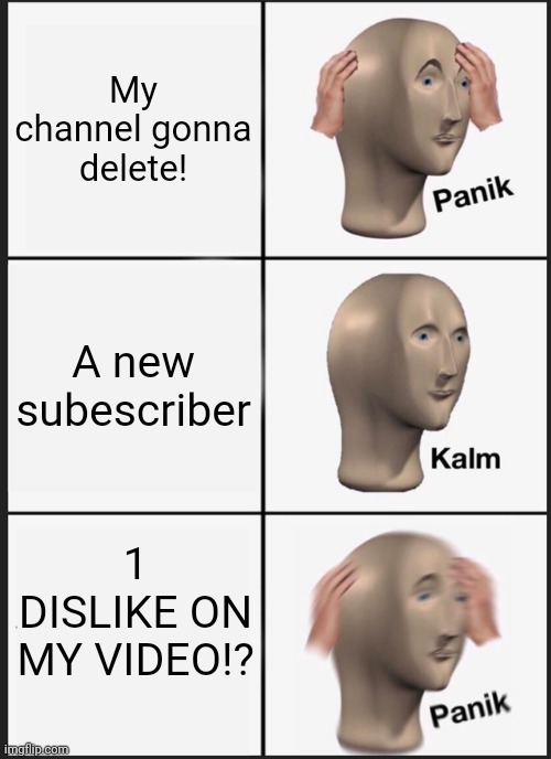 Me in YouTube be like: | My channel gonna delete! A new subescriber; 1 DISLIKE ON MY VIDEO!? | image tagged in memes,panik kalm panik | made w/ Imgflip meme maker