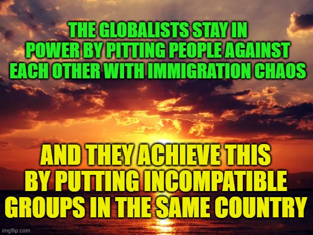 Sunset | THE GLOBALISTS STAY IN POWER BY PITTING PEOPLE AGAINST EACH OTHER WITH IMMIGRATION CHAOS; AND THEY ACHIEVE THIS BY PUTTING INCOMPATIBLE GROUPS IN THE SAME COUNTRY | image tagged in sunset | made w/ Imgflip meme maker