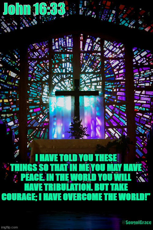 John 16:33 | John 16:33; I HAVE TOLD YOU THESE THINGS SO THAT IN ME YOU MAY HAVE PEACE. IN THE WORLD YOU WILL HAVE TRIBULATION. BUT TAKE COURAGE; I HAVE OVERCOME THE WORLD!”; @SongofGrace | image tagged in biblical encouragement | made w/ Imgflip meme maker