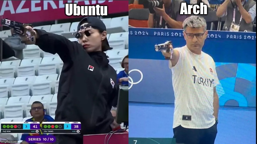 Linux Distros | Arch; Ubuntu | image tagged in korea turkey olympic shooter,linux,programmer | made w/ Imgflip meme maker