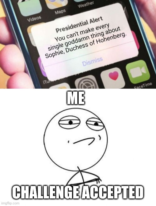 ME; CHALLENGE ACCEPTED | image tagged in memes,challenge accepted rage face,sophie duchess of hohenberg,presidential alert | made w/ Imgflip meme maker