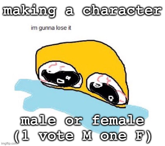 im gunna lose it | making a character; male or female (1 vote M one F) | image tagged in im gunna lose it | made w/ Imgflip meme maker