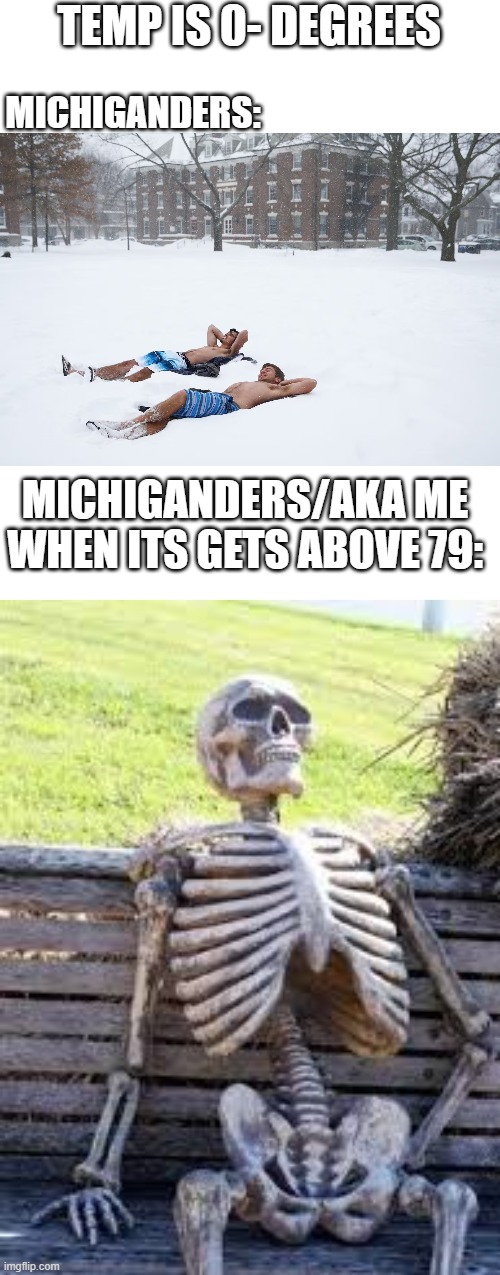 I hate the heat | TEMP IS 0- DEGREES; MICHIGANDERS:; MICHIGANDERS/AKA ME WHEN ITS GETS ABOVE 79: | image tagged in just waiting skull | made w/ Imgflip meme maker