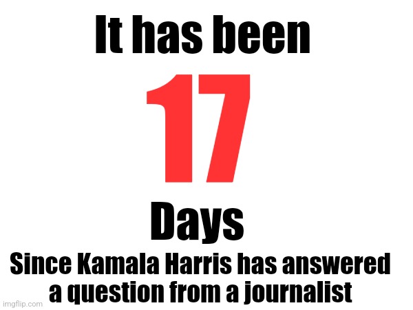 Days since Kamala took a question | It has been; 17; Days; Since Kamala Harris has answered 

a question from a journalist | image tagged in kamala harris,journalist | made w/ Imgflip meme maker