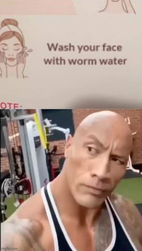 "Umm, actually, it's wash your face with warm water." | image tagged in the rock,worm,water,hand wash,you had one job,memes | made w/ Imgflip meme maker