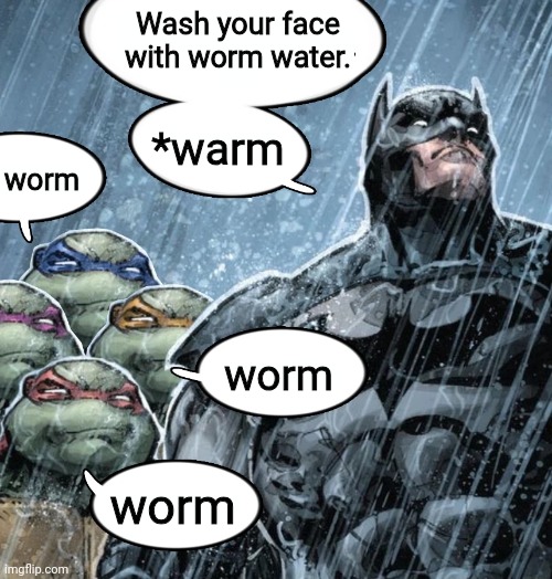 "Worm water" | Wash your face with worm water. *warm worm worm worm | image tagged in batman corrects grammar turtles make fun,used in comment | made w/ Imgflip meme maker