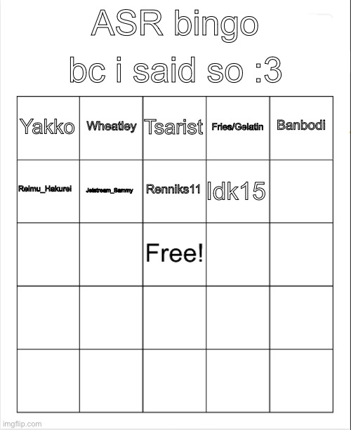 15 spots remain | bc i said so :3; ASR bingo; Tsarist; Wheatley; Banbodi; Yakko; Fries/Gelatin; Renniks11; Reimu_Hakurei; Idk15; Jetstream_Sammy | image tagged in blank bingo | made w/ Imgflip meme maker