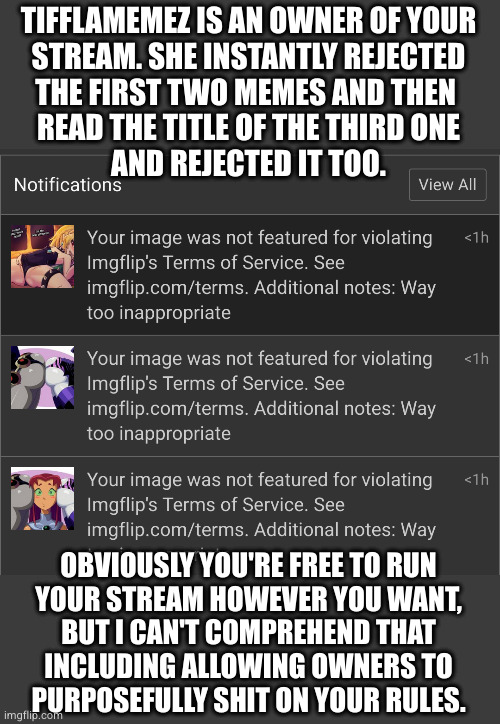 TIFFLAMEMEZ IS AN OWNER OF YOUR
STREAM. SHE INSTANTLY REJECTED
THE FIRST TWO MEMES AND THEN 
READ THE TITLE OF THE THIRD ONE
AND REJECTED IT TOO. OBVIOUSLY YOU'RE FREE TO RUN
YOUR STREAM HOWEVER YOU WANT,
BUT I CAN'T COMPREHEND THAT
INCLUDING ALLOWING OWNERS TO
PURPOSEFULLY SHIT ON YOUR RULES. | made w/ Imgflip meme maker