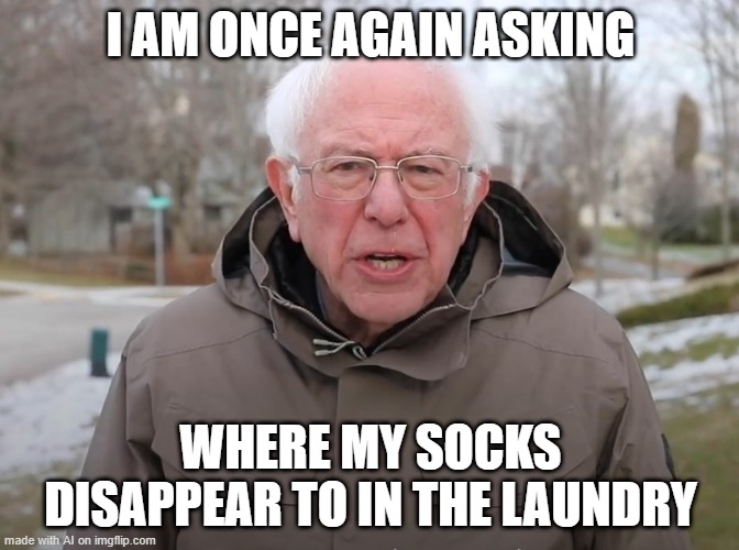 Good Question | I AM ONCE AGAIN ASKING; WHERE MY SOCKS DISAPPEAR TO IN THE LAUNDRY | image tagged in bernie sanders once again asking | made w/ Imgflip meme maker