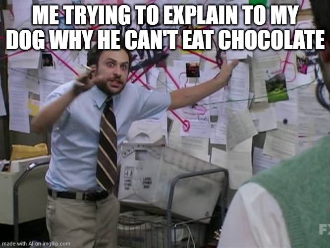 He Won't Understand | ME TRYING TO EXPLAIN TO MY DOG WHY HE CAN'T EAT CHOCOLATE | image tagged in charlie conspiracy always sunny in philidelphia | made w/ Imgflip meme maker