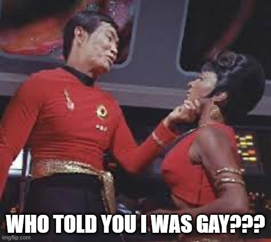 Mirror Sulu | WHO TOLD YOU I WAS GAY??? | image tagged in star trek you have no power | made w/ Imgflip meme maker