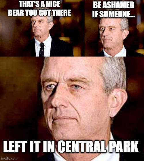 He Did What with a What? | THAT'S A NICE BEAR YOU GOT THERE; BE ASHAMED IF SOMEONE... LEFT IT IN CENTRAL PARK | image tagged in rfk jr | made w/ Imgflip meme maker