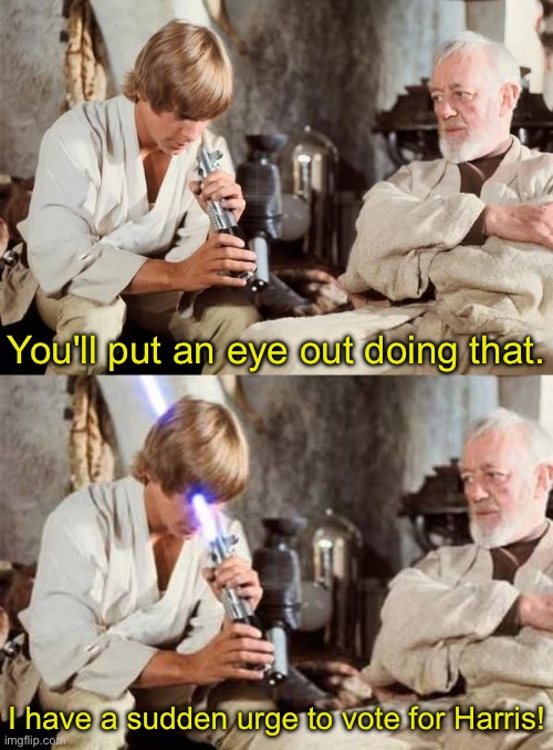 dead luke skywalker | You'll put an eye out doing that. I have a sudden urge to vote for Harris! | made w/ Imgflip meme maker