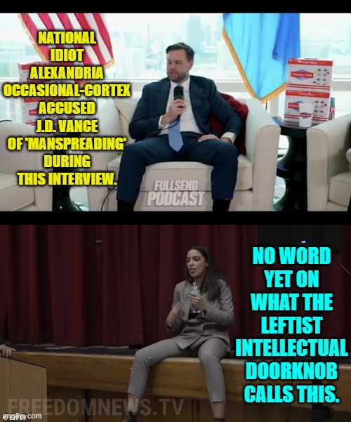 At least Vance IS a man. | NATIONAL IDIOT ALEXANDRIA OCCASIONAL-CORTEX ACCUSED J.D. VANCE OF 'MANSPREADING' DURING THIS INTERVIEW. NO WORD YET ON WHAT THE LEFTIST INTELLECTUAL DOORKNOB CALLS THIS. | image tagged in yep | made w/ Imgflip meme maker