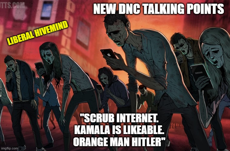 Libs gonna Lib | NEW DNC TALKING POINTS; LIBERAL HIVEMIND; "SCRUB INTERNET. KAMALA IS LIKEABLE. ORANGE MAN HITLER" | image tagged in liberals,woke,democrats,hivemind,dnc,kamala harris | made w/ Imgflip meme maker