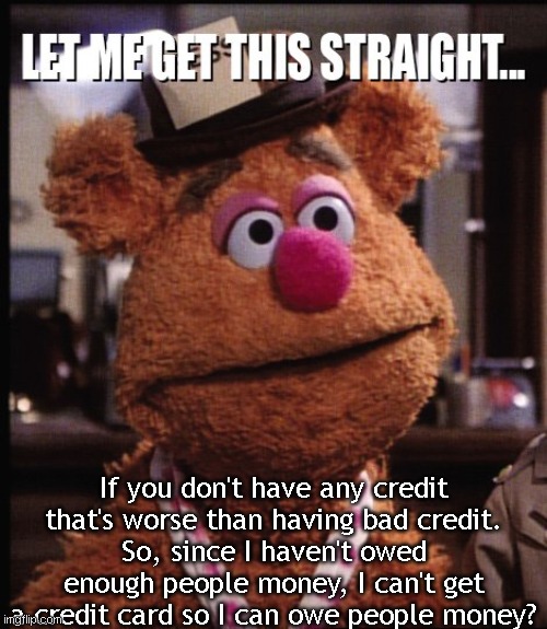 Fozzie says check your credit score. | If you don't have any credit that's worse than having bad credit.
So, since I haven't owed enough people money, I can't get a credit card so I can owe people money? | image tagged in fozzie let me get this straight,credit card,debt,muppets | made w/ Imgflip meme maker