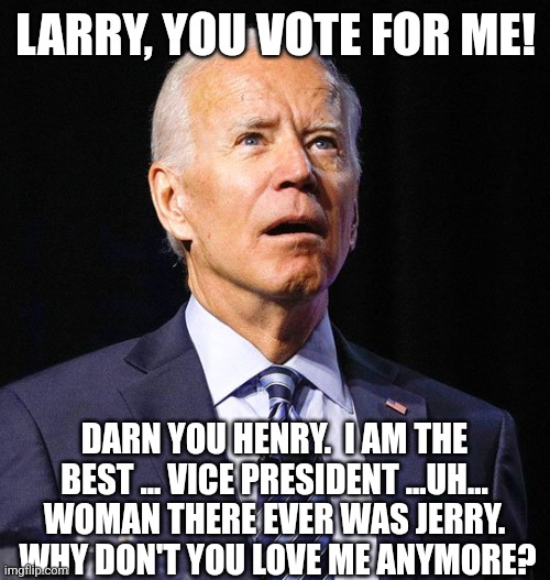 Joe Biden | LARRY, YOU VOTE FOR ME! DARN YOU HENRY.  I AM THE BEST ... VICE PRESIDENT ...UH... WOMAN THERE EVER WAS JERRY.  WHY DON'T YOU LOVE ME ANYMOR | image tagged in joe biden | made w/ Imgflip meme maker