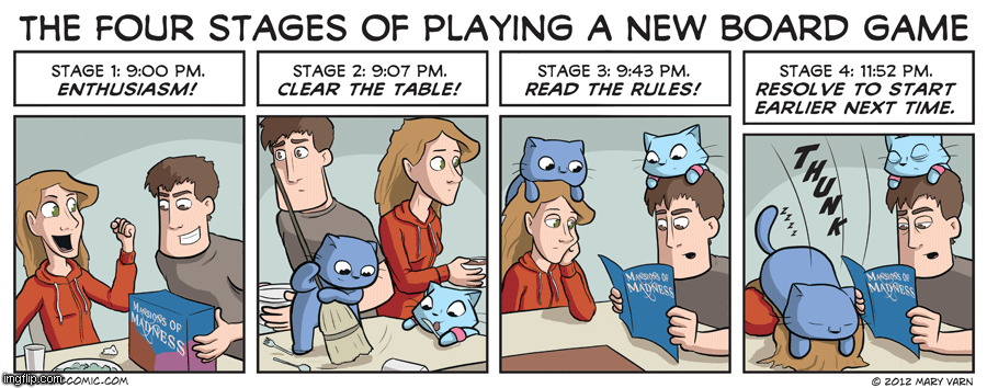 The four stages of a board game | image tagged in npc comic by varn,npccomic,comic,board games,cats,games | made w/ Imgflip meme maker