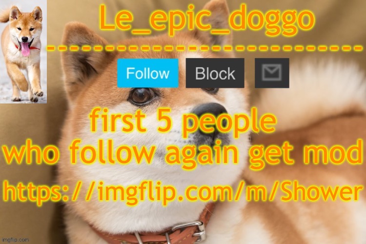 epic doggo's temp back in old fashion | first 5 people who follow again get mod; https://imgflip.com/m/Shower | image tagged in epic doggo's temp back in old fashion | made w/ Imgflip meme maker